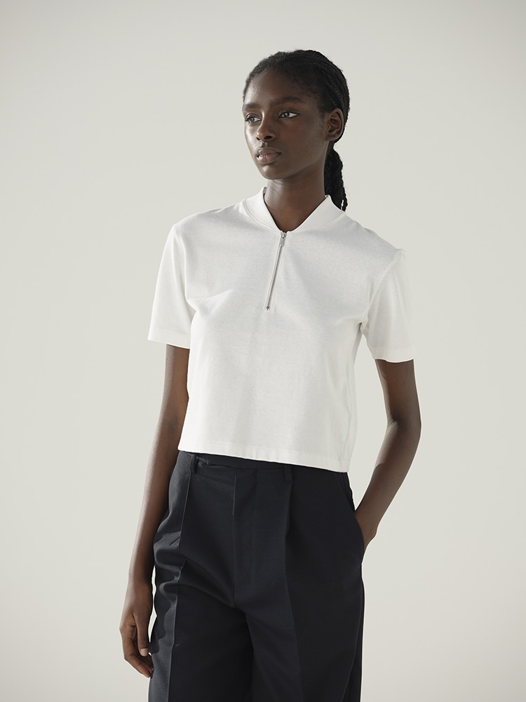 COTTON SLUB RAYON PLAITING HALF ZIP TEE